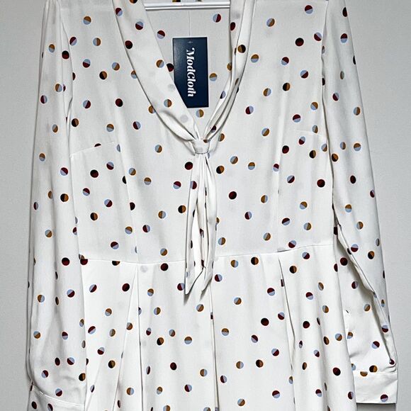 NWT ModCloth Pleasant Confidence Dress Polka Dot Tie Cream Pleats Pockets Sz 12 - Picture 5 of 8